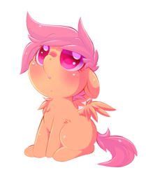 Size: 769x920 | Tagged: safe, artist:tamabel, imported from derpibooru, scootaloo, pegasus, pony, chest fluff, colored pupils, cute, cutealoo, female, filly, floppy ears, looking up, simple background, solo, white background