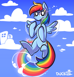 Size: 879x913 | Tagged: safe, artist:duckoiii, imported from derpibooru, rainbow dash, pegasus, pony, cloud, female, flying, grin, mare, rainbow trail, sky, smiling, solo, sonic rainboom, white pupils