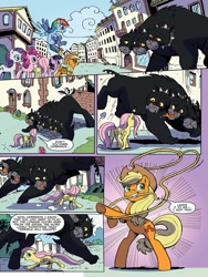 Size: 768x1024 | Tagged: safe, artist:pencils, idw, imported from derpibooru, applejack, fluttershy, pinkie pie, rainbow dash, rarity, twilight sparkle, alicorn, cerberus, earth pony, pegasus, pony, unicorn, spoiler:comic, spoiler:comic82, female, male, mane six, mare, multiple heads, preview, three heads, twilight sparkle (alicorn)