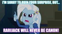 Size: 896x500 | Tagged: safe, edit, edited screencap, imported from derpibooru, screencap, trixie, equestria girls, rainbow rocks, image macro, implied lesbian, implied rarijack, implied shipping, meme, text, trixie yells at everything