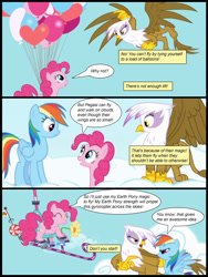 Size: 600x800 | Tagged: safe, artist:dusk raven, artist:newbiespud, edit, edited screencap, imported from derpibooru, screencap, gilda, pinkie pie, rainbow dash, griffon, pony, comic:friendship is dragons, balloon, cloud, collaboration, comic, dialogue, eyes closed, female, floating, flying, frown, gyrocopter, looking down, looking up, mare, on a cloud, screencap comic, smiling, then watch her balloons lift her up to the sky