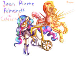 Size: 1024x768 | Tagged: safe, artist:raychelrage, imported from derpibooru, princess celestia, crossover, eyepatch, golden wind, jean pierre polnareff, jojo's bizarre adventure, silver chariot, simple background, stand, vento aureo, wheelchair, white background