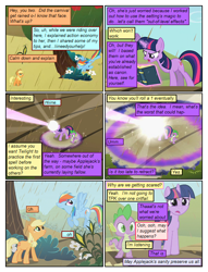 Size: 612x802 | Tagged: safe, artist:newbiespud, artist:winged cat, edit, edited screencap, imported from derpibooru, screencap, applejack, rainbow dash, spike, twilight sparkle, dragon, pony, unicorn, comic:friendship is dragons, apple, blast, book, collaboration, comic, dialogue, female, flower, flying, food, freckles, glow, glowing, glowing horn, hat, horn, implied fluttershy, implied rarity, magic, magic beam, magic blast, male, mare, rain, reading, screencap comic, slit eyes, slit pupils, telekinesis, tree, unicorn twilight, worried