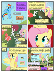 Size: 612x802 | Tagged: safe, artist:newbiespud, artist:winged cat, edit, edited screencap, imported from derpibooru, screencap, angel bunny, fluttershy, rainbow dash, pegasus, pony, rabbit, comic:friendship is dragons, the return of harmony, ..., animal, apple, chocolate, chocolate rain, collaboration, comic, dialogue, eyes closed, female, food, implied applejack, implied pinkie pie, implied rarity, implied twilight sparkle, male, mare, rain, salute, screencap comic, transformation, tree, unshorn fetlocks, wide eyes, worried