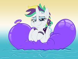 Size: 2244x1710 | Tagged: safe, artist:rupertbluefox, imported from derpibooru, rarity, pony, alternate hairstyle, balloon, gradient background, looking at you, prone, punk, raripunk, sexy, squishy, that pony sure does love balloons, water