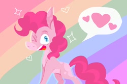 Size: 1280x843 | Tagged: safe, artist:rowdykitty, imported from derpibooru, pinkie pie, earth pony, pony, female, heart, looking at you, mare, one eye closed, rainbow, rainbow background, solo, speech bubble, wink