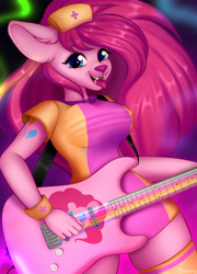 Size: 2742x3810 | Tagged: safe, artist:bestiary, artist:bestiary7, imported from derpibooru, pinkie pie, anthro, breasts, busty pinkie pie, clothes, female, furry, guitar, looking at you, musical instrument, solo, species swap