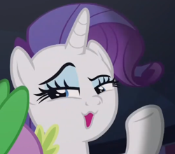 Size: 388x341 | Tagged: safe, imported from derpibooru, screencap, rarity, spike, unicorn, dragon dropped, :3, cropped, female, mare, open mouth, raised eyebrow, raised hoof