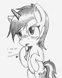 Size: 1072x1348 | Tagged: safe, artist:spackle, imported from derpibooru, lyra heartstrings, pony, unicorn, bipedal, blushing, cute, female, heart, implied firecracker burst, love, lyrabetes, mare, monochrome, open mouth, raised hoof, simple background, smiling, solo, traditional art, white background