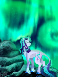 Size: 768x1012 | Tagged: safe, artist:wanderingpegasus, imported from derpibooru, starlight glimmer, classical unicorn, pony, unicorn, aurora borealis, chest fluff, cloven hooves, curved horn, female, horn, leonine tail, looking back, mare, solo, unshorn fetlocks