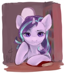 Size: 867x947 | Tagged: safe, artist:svelen, imported from derpibooru, starlight glimmer, pony, unicorn, book, bored, desk, female, solo