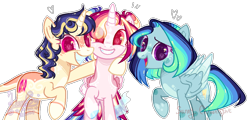 Size: 1024x493 | Tagged: safe, artist:manella-art, imported from derpibooru, oc, oc only, oc:aurora twilightshine, oc:bellona moonlight, oc:sunny moonlight, alicorn, pegasus, pony, unicorn, base used, female, magical lesbian spawn, mare, offspring, parent:flash sentry, parent:rainbow dash, parent:twilight sparkle, parents:flashlight, parents:twidash, simple background, transparent background