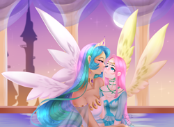 Size: 3104x2272 | Tagged: safe, artist:minelvi, imported from derpibooru, fluttershy, princess celestia, human, female, flutterlestia, humanized, lesbian, shipping, winged humanization, wings