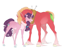 Size: 1600x1300 | Tagged: safe, artist:dementra369, imported from derpibooru, big macintosh, sugar belle, earth pony, pony, unicorn, blaze (coat marking), body freckles, coat markings, curved horn, cute, cutie mark, facial markings, female, freckles, horn, looking at each other, macabetes, male, mare, neck nuzzle, open mouth, pale belly, shipping, simple background, smiling, stallion, straight, sugarbetes, sugarmac, unshorn fetlocks, white background