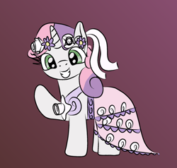 Size: 1074x1024 | Tagged: safe, artist:platinumdrop, imported from derpibooru, sweetie belle, pony, female, filly, flower filly, flower girl, flower girl dress, gradient background, simple background, solo