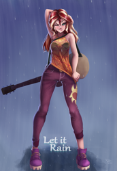 Size: 827x1200 | Tagged: safe, artist:the-park, imported from derpibooru, sunset shimmer, human, equestria girls, equestria girls series, let it rain, spoiler:eqg series (season 2), acoustic guitar, armpits, badass, bra, breasts, clothes, female, guitar, lip bite, musical instrument, one eye closed, rain, see-through, simple background, sleeveless, solo, standing, underwear, wet