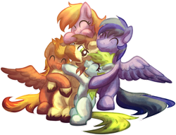 Size: 3566x2727 | Tagged: safe, artist:amura-of-jupiter, artist:tiothebeetle, imported from derpibooru, oc, oc only, oc:calpain, earth pony, pegasus, pony, series:random gifting is magic, appreciation, generic pony, gift art, group hug, hug, messy hair, spread wings, wings