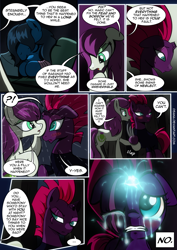 Size: 2480x3508 | Tagged: safe, artist:dsana, imported from derpibooru, fizzlepop berrytwist, tempest shadow, oc, oc:lullaby dusk, oc:thistledown, earth pony, pegasus, pony, unicorn, comic:a storm's lullaby, my little pony: the movie, broken horn, comic, crying, eye scar, female, filly, flashback, horn, mare, scar, sparking horn