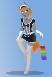 Size: 1350x2000 | Tagged: source needed, useless source url, safe, artist:evlass, imported from derpibooru, oc, oc only, oc:gallant hymn, anthro, earth pony, anthro oc, clothes, collar, crossdressing, duster, gloves, maid, male, solo, stallion, stockings, thigh highs