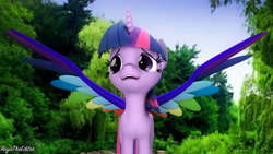 Size: 4096x2304 | Tagged: safe, artist:aryatheeditor, imported from derpibooru, twilight sparkle, alicorn, pony, rainbow roadtrip, 3d, colored wings, cutie mark, female, forest, horn, multicolored wings, my little pony, nature, photo, rainbow wings, singing, solo, source filmmaker, twilight sparkle (alicorn), wing bling, wings