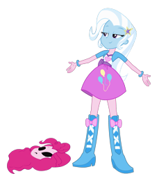 Size: 1933x2112 | Tagged: safe, edit, imported from derpibooru, pinkie pie, trixie, equestria girls, bodysuit, boots, clothes swap, disguise, high heel boots, impersonating, mask, masking, pinkie pie suit, shoes, trick