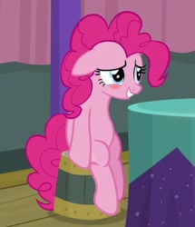 Size: 371x432 | Tagged: safe, imported from derpibooru, screencap, pinkie pie, pony, a trivial pursuit, anatomically incorrect, blushing, cropped, cute, diapinkes, embarrassed, female, floppy ears, incorrect leg anatomy, mare, pinkie smile, sitting, smiling, solo