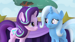 Size: 1920x1080 | Tagged: safe, artist:theadorableoshawott, imported from derpibooru, starlight glimmer, trixie, pony, no second prances, 3d, blender, looking at each other, scene interpretation, smiling