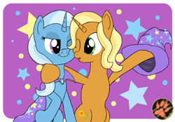 Size: 3200x2223 | Tagged: safe, artist:darkprinceismyname, imported from derpibooru, sunflower spectacle, trixie, pony, unicorn, abstract background, duo, duo female, female, like mother like daughter, like parent like child, mare, mother and daughter, smiling