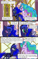 Size: 1989x3072 | Tagged: safe, artist:docwario, imported from derpibooru, princess celestia, princess luna, alicorn, pony, comic:royal chores, angry, comic, eyes closed, jewelry, necklace, open mouth, royal sisters, speech bubble