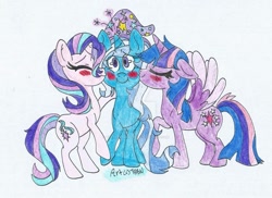 Size: 1024x745 | Tagged: safe, artist:thebestbadnewz, imported from derpibooru, starlight glimmer, trixie, twilight sparkle, alicorn, pony, unicorn, blushing, cheek kiss, deviantart watermark, female, kiss sandwich, kissing, lesbian, obtrusive watermark, shipping, startrix, trio, twilight sparkle (alicorn), twixie, twixstar, watermark