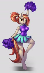 Size: 1500x2487 | Tagged: safe, artist:lightly-san, imported from derpibooru, shimmy shake, anthro, earth pony, unguligrade anthro, 2 4 6 greaaat, armpits, beautiful, bracelet, cheerleader, cheerleader outfit, clothes, cute, ear fluff, female, gray background, jewelry, legs, mare, miniskirt, moe, pleated skirt, pom pom, ponytail, shakeabetes, simple background, skirt, solo, tight clothing