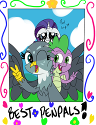 Size: 1454x1898 | Tagged: safe, artist:pixelgrip94, imported from derpibooru, gabby, rarity, spike, dragon, dragon dropped, cheek squish, crying, makeup, peace sign, pen pals, polaroid, running makeup, running mascara, squishy cheeks, winged spike