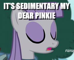 Size: 1323x1071 | Tagged: safe, edit, edited screencap, imported from derpibooru, screencap, maud pie, earth pony, pony, yakity-sax, caption, cropped, discovery family logo, eyes closed, female, image macro, impact font, mare, pun, sherlock holmes, solo, text