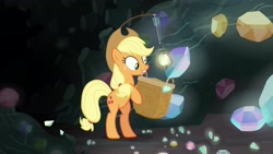 Size: 1920x1080 | Tagged: safe, imported from derpibooru, screencap, applejack, pony, dragon dropped, basket, female, gem cave, lantern, mare, solo