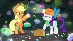 Size: 1920x1080 | Tagged: safe, imported from derpibooru, screencap, applejack, rarity, pony, dragon dropped, basket, gem cave, helmet, lantern, mining helmet