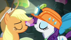 Size: 1920x1080 | Tagged: safe, imported from derpibooru, screencap, applejack, rarity, pony, dragon dropped, season 9, gem cave, helmet, mining helmet, out of context