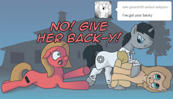 Size: 1280x736 | Tagged: safe, artist:crispokefan, imported from derpibooru, oc, oc:backy, oc:gearshift, oc:pun, earth pony, pony, ask pun, ask, female, mare, pun