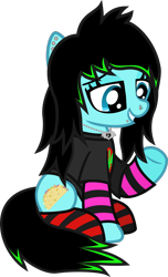 Size: 615x1011 | Tagged: safe, artist:lightningbolt, derpibooru exclusive, imported from derpibooru, oc, oc only, oc:scene chick, earth pony, pony, arm warmers, clandestine industries, clothes, ear piercing, earring, female, jewelry, mare, necklace, nose piercing, piercing, raised hoof, scene, scene kid, shirt, show accurate, simple background, snake bites, socks, solo, striped socks, t-shirt, transparent background, underhoof
