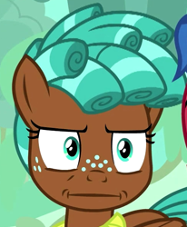 Size: 490x596 | Tagged: safe, edit, edited screencap, imported from derpibooru, screencap, spur, pony, growing up is hard to do, :i, cropped, faic, freckles, i mean i see, smug