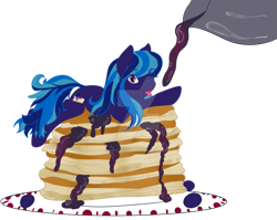 Size: 1001x798 | Tagged: safe, artist:coffeevixxen, imported from derpibooru, oc, oc only, oc:blueberry syrup, earth pony, pony, commission, deviantart watermark, female, food, mare, obtrusive watermark, pancakes, ponies in food, simple background, solo, syrup, transparent background, watermark