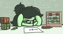 Size: 389x213 | Tagged: safe, artist:plunger, imported from derpibooru, oc, oc only, oc:filly anon, earth pony, pony, abacus, baby, baby pony, blocks, chalkboard, crayons, cute, equation, female, filly, frustrated, math, numbers, paper, ponytail, solo, table