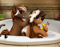 Size: 3030x2400 | Tagged: safe, artist:pridark, imported from derpibooru, oc, oc only, oc:in7ac7, oc:wiley waves, earth pony, pegasus, pony, bath, bathing, bathing together, chest fluff, couple, cute, duo, gay, male, oc x oc, rubber duck, shampoo, shipping, smiling, stallion, washing hair, water, wings