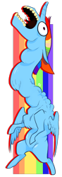 Size: 596x1696 | Tagged: safe, artist:00theinkjester00, imported from derpibooru, rainbow dash, alicorn, pony, abstract background, alicornified, bipedal, chest fluff, curved horn, female, floppy ears, horn, long neck, not salmon, open mouth, race swap, screaming, solo, wat