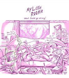 Size: 2062x2320 | Tagged: safe, artist:jowyb, artist:jowybean, imported from derpibooru, queen chrysalis, starlight glimmer, bear, changeling, changeling queen, pony, ursa, ursa minor, series:my little roomie, a better ending for chrysalis, book, couch, dialogue, digital art, duo, earbuds, female, hay hoops (snack), high res, lamp, lidded eyes, magazine, mare, open mouth, pillow, remote control, roommates, speech bubble, unicast (book series), window