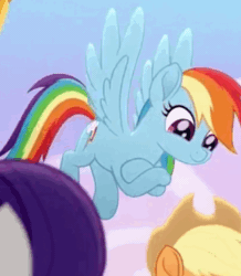 Size: 329x378 | Tagged: safe, imported from derpibooru, screencap, applejack, rainbow dash, rarity, rainbow roadtrip, animated, cropped, cute, dashabetes, female, gif, solo focus