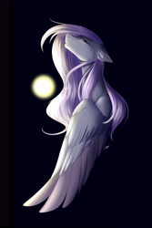Size: 4000x6000 | Tagged: safe, artist:pipoupip, imported from derpibooru, oc, oc only, oc:mya, pegasus, pony, abstract background, ear fluff, female, floppy ears, lidded eyes, long mane, looking at you, mare, slit eyes, slit pupils, solo, sun