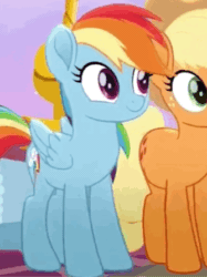 Size: 334x447 | Tagged: safe, imported from derpibooru, screencap, applejack, rainbow dash, earth pony, pegasus, pony, rainbow roadtrip, animated, cropped, cute, dashabetes, duo, female, gif