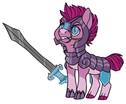 Size: 749x621 | Tagged: safe, artist:phobicalbino, imported from derpibooru, oc, oc only, oc:cloudy patches, earth pony, pony, armor, coat markings, female, magic, magic aura, mare, rune magic, simple background, socks (coat marking), socks (coat markings), solo, sword, telekinesis, weapon, white background