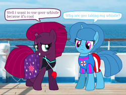 Size: 1440x1080 | Tagged: safe, artist:徐詩珮, imported from derpibooru, fizzlepop berrytwist, spring rain, tempest shadow, unicorn, series:sprglitemplight diary, series:sprglitemplight life jacket days, series:springshadowdrops diary, series:springshadowdrops life jacket days, alternate universe, broken horn, cute, dialogue, female, horn, lesbian, shipping, spring rain is not amused, spring rain's lifeguard whistle, springbetes, springshadow, tempestbetes, unamused, whistle