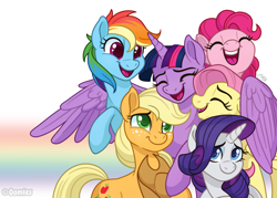 Size: 1050x750 | Tagged: safe, artist:oomles, imported from derpibooru, applejack, fluttershy, pinkie pie, rainbow dash, rarity, twilight sparkle, alicorn, earth pony, pegasus, pony, unicorn, applejack's hat, cowboy hat, end of ponies, eyes closed, group hug, hat, hug, laughing, mane six, multicolored background, rainbow, simple background, smiling, twilight sparkle (alicorn), watermark, winghug